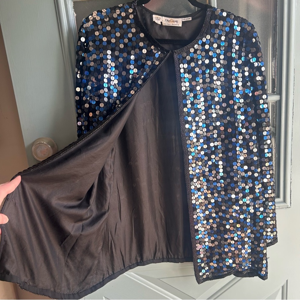 Vintage Sequin Beaded 100% Silk Oversized Jacket Oleg Cassini Silver & Blue L - Picture 6 of 12